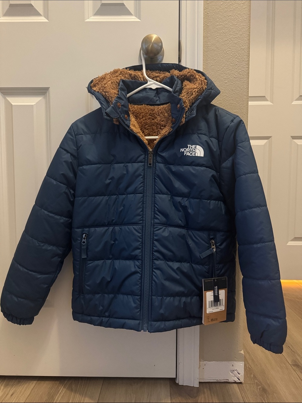 The North Face Kids Navy Puffer Jacket with Brown Sherpa Hood